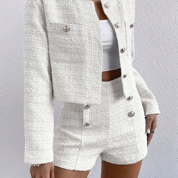 White Casual Womens Plaid Print Button Front Jacket & Shorts - Picture 5 of 5